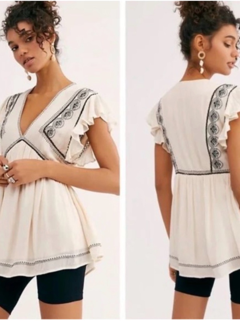 Free People Ivory Embroidered Falling Water Flutter-Sleeve Tunic in Size Large